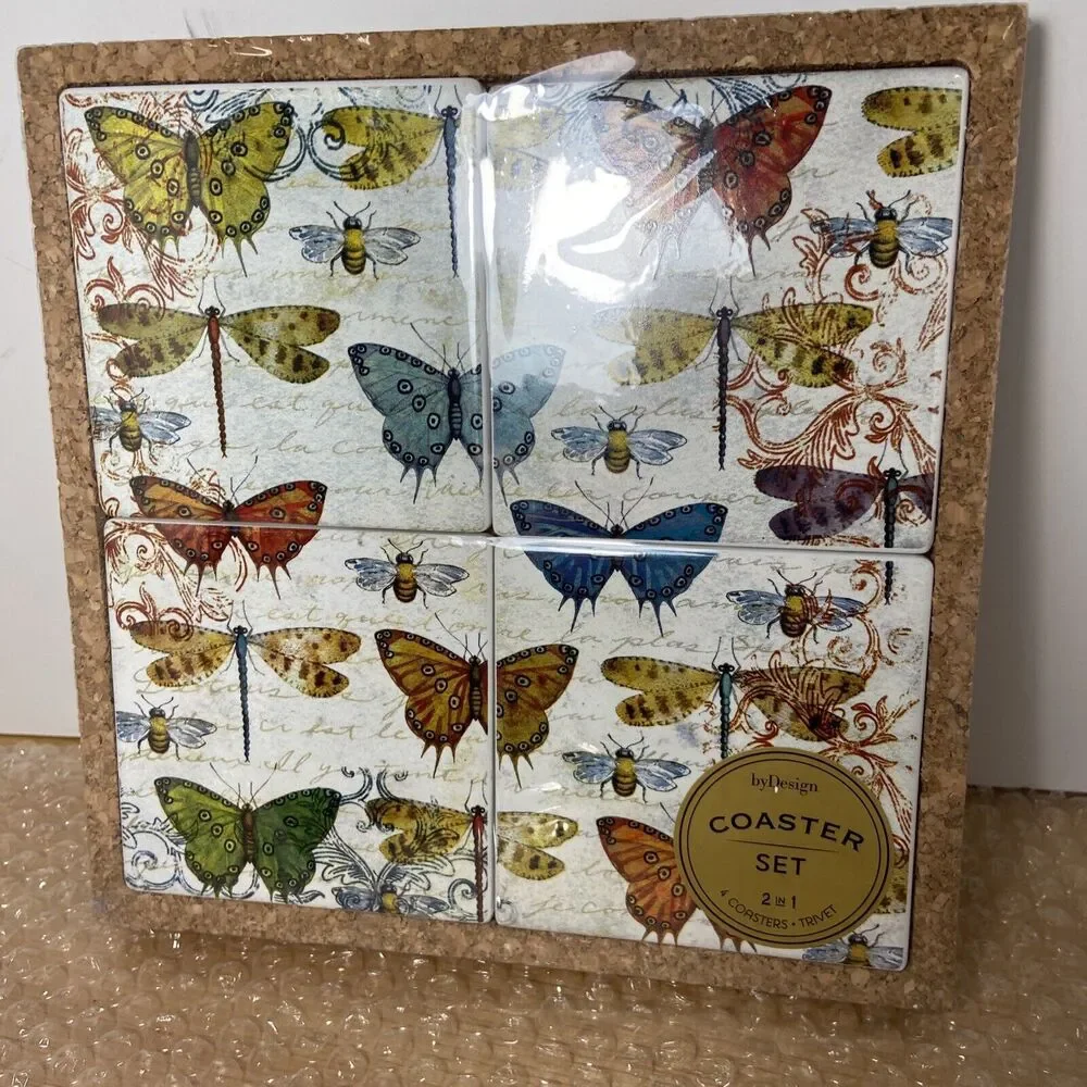 Butterfly Honey Bee Coaster and Trivet Set 4 Coaster in Cork Base 8.75 square